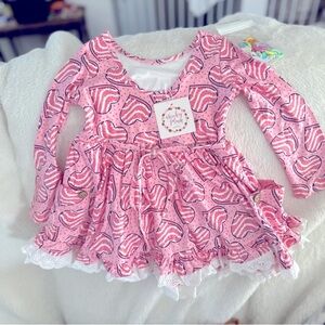 Girls Pink Heart Print Ruffle Dress with Lace Trim, Cheeky Plum, 2t
